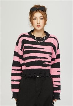 Ripped zebra cardigan fuzzy stripped jumper knitted top pink