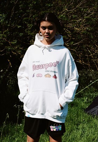 WHITE HOODIE WITH PRINTED SLUURPEE DESIGN