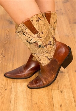 Vintage Distressed Brown Leather Embroidered Cowboy Boots 