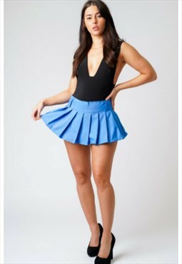 Pleated High Waist Plaid Blue Skater Short Party Mini Skirt