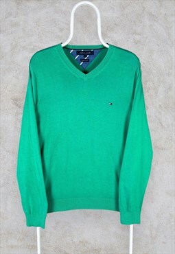 Tommy Hilfiger Green V-Neck Jumper Premium Cotton Small