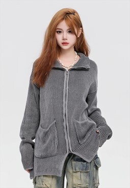 Utility zip up sweater grunge striped knitted cardigan grey