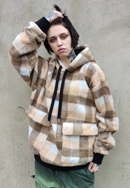 Tartan fleece hoodie check print fluffy pullover in brown