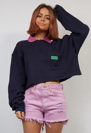 VINTAGE 80'S NAVY/PURPLE REWORKED CROP POLO TOP