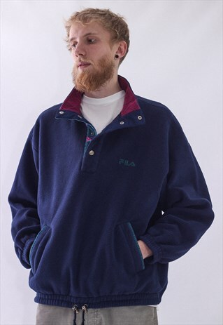 VINTAGE MENS FILA LOGO FLEECE HALF ZIP PULLOVER JACKET