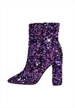 Sequin Pointed Toe Chunky Heel Ankle Boots