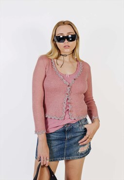Vintage 00s Coquette Kniited Cardigan With Flowers 
