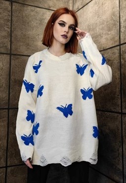 Butterfly sweater ripped jumper Grunge knitwear top in white