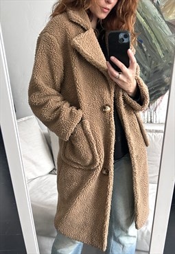 Beige Teddy Cosy Midi Coat - S