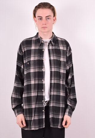 MENS VINTAGE FLANNEL SHIRT LARGE BLACK CHECK 90S
