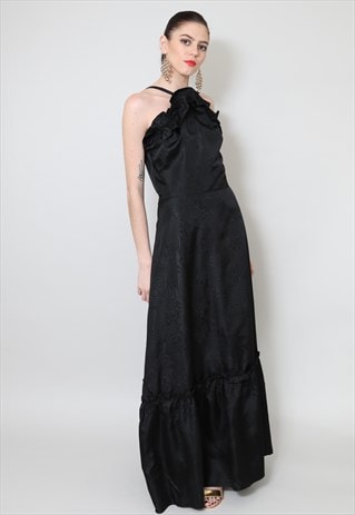 70's Ladies Vintage Evening Gothic Black Evening Maxi Dress