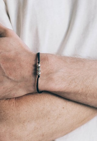 BLACK BRACELET MENS BRACELET THREE SILVER BALL BEAD FOR HIM