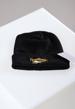 Vintage Reebok Beanie Hat in Black Wool Winter Headwear