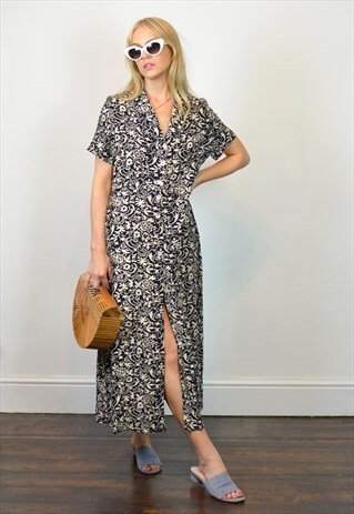 VINTAGE 90S BLACK & WHITE PATTERN BUTTON FRONT MIDI DRESS