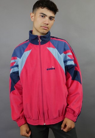 HOT PINK & BLUE VELOUR DIADORA JACKET WITH TAPED SLEEVES