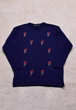 Women's Vintage 90s Navy Floral Embroidered Sweater