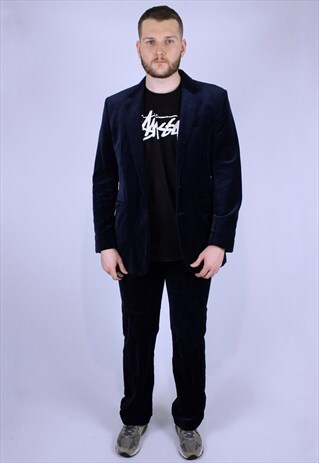 VINTAGE SUIT SOFT VELVET RARE FULL SUIT NAVY BLUE