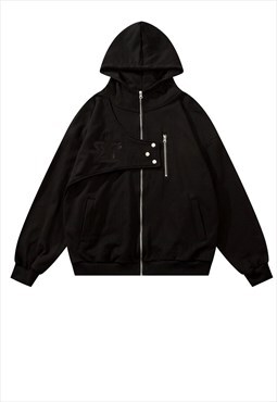 Gorpcore hoodie utility pullover buckle strap top in black