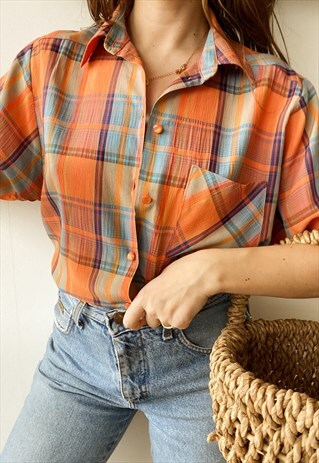 VINTAGE 70S ICONIC TARTAN CHECKED PRINT PARISIAN CHIC BLOUSE