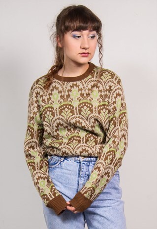 VINTAGE 90'S BROWN & GREEN FLORAL PATTERN KNIT JUMPER