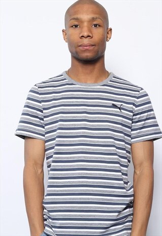 VINTAGE PUMA LOGO STRIPED T-SHIRT BLUE WHITE GREY