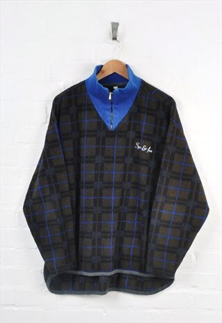 VINTAGE FLEECE 1/4 ZIP CHECK PATTERN BLACK/BLUE LARGE