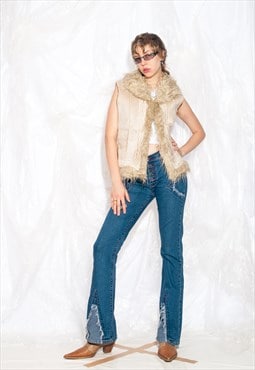 Vintage Y2K Faux Shearling Vest in Beige Faux Fur Collar