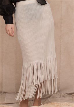 Pleated Midi Skirt with multi fringed tassel hem design 