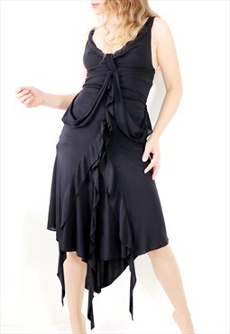 Vintage Y2k Playboy Midi Dress Frilled Asymmetric Black 00s