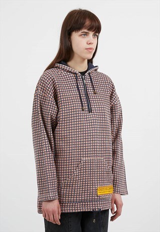 VINTAGE NAVY 1/4 ZIP CHECKERED PULLOVER HOODIE SWEATSHIRT
