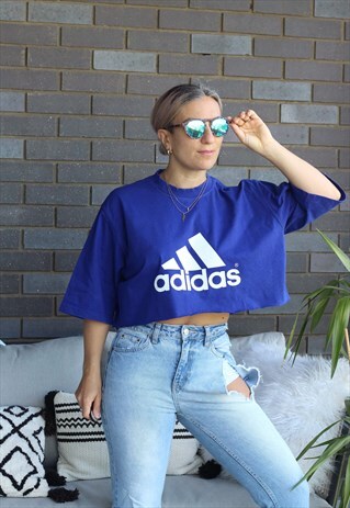 VINTAGE 1990S BLUE ADIDAS CROPPED RAW HEM T SHIRT