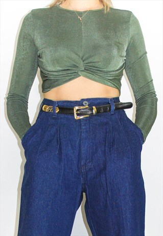 CROPPED KHAKI GREEN TWIST FRONT SHIMMER LONG SLEEVE TOP