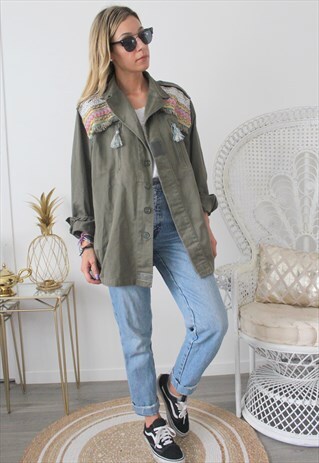 VINTAGE KHAKI JACKET MILITARY ETHNIC EMBROIDERY