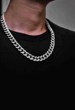15MM 22" DIAMOND ICED OUT CUBAN CURB NECKLACE CHAIN - SILVER
