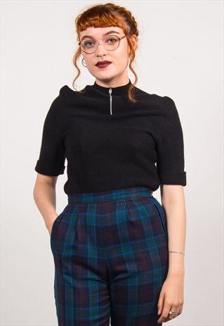 VINTAGE 70'S BLACK KNIT HIGH ZIPNECK TOP