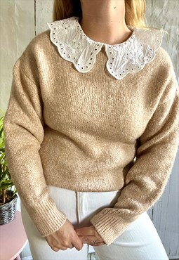Vintage Cream White Lace Cut Out Collar Y2K Jumper