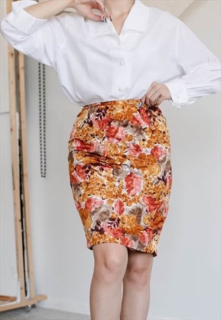 VINTAGE 80S ARTSY FLORAL PATTERN MIDI WOMEN PENCIL SKIRT S