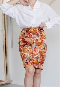 Vintage 80s Artsy Floral Pattern Midi Women Pencil Skirt S
