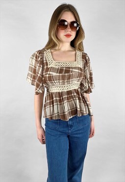 70's Cheesecloth Brown Cream Check Vintage Folk Blouse Top