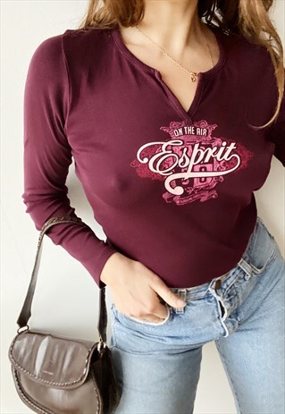 VINTAGE Y2K WOMENS KISTCH SLOGAN PRINT LONGSLEEVED TOP BOHO
