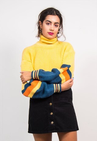 VINTAGE 90'S YELLOW STRIPED THICK KNIT ROLL NECK JUMPER