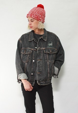 VINTAGE 90' CLASSIC UNISEX GREY DENIM JACKET WITH PRINT