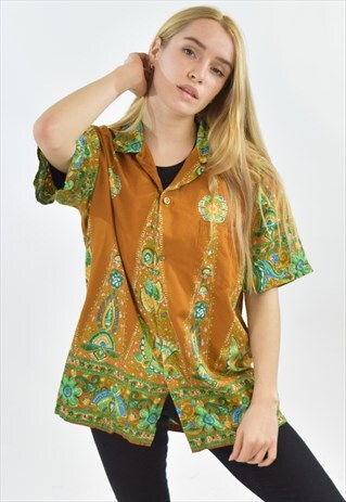 VINTAGE 90S GREEN BROWN PATTERNED SHORT SLEEVE SHIRT