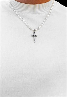 Women's 24" Cross Pendant Faux Pearl Necklace - White/Silver