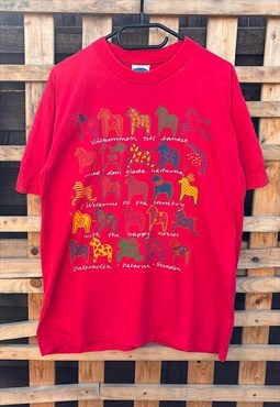 Vintage Red 1990s Sweden horses tourist T-shirt small 