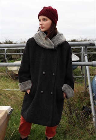 VINTAGE 1960S GREY WINTER COAT WOOL-MIX FUX FUR TRIM