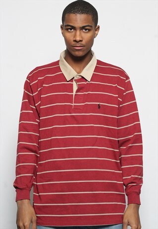 VINTAGE RALPH LAUREN LONG SLEEVE RUGBY SHIRT RED STRIPED