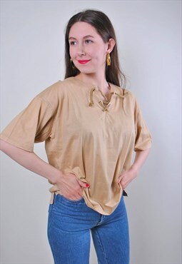 Lace collar women vintage heritage beige tshirt 