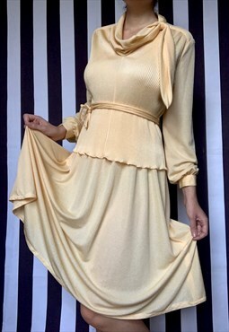 Vintage 80s yellow stretch dress, long sleeves, UK14/16 