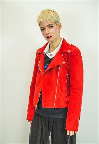 RED SUEDE FRINGE FESTIVAL BIKER JACKET